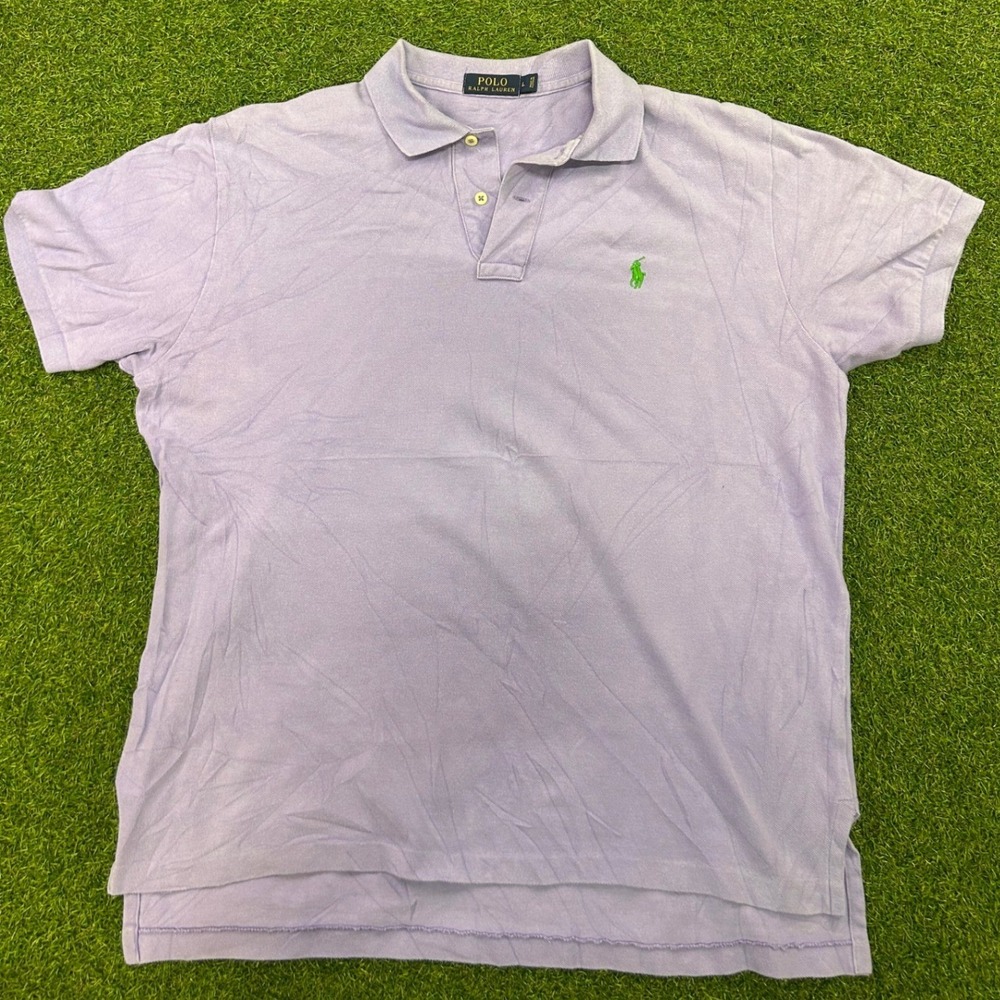 Polo Ralph Lauren Men Large Purple Short Sleeve Pique Polo Shirt Green Pony Logo